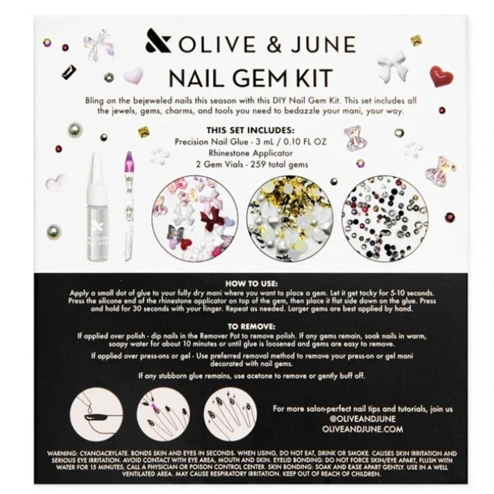 Olive & June Nail Gem Kit DIY Manicure 259 Gems Applicator & Precision Glue NEW